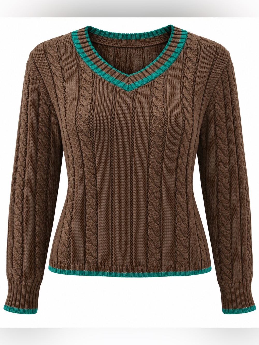 Zara Brown Cable Knit Sweater Teal Trim Size S